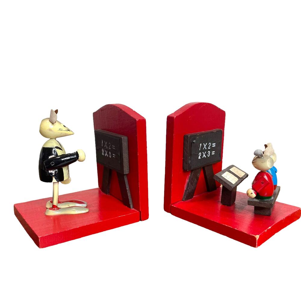Wooden School Teacher Mice Bookends Vintage V.G. Japan Math Students Kitschy